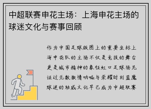 中超联赛申花主场：上海申花主场的球迷文化与赛事回顾